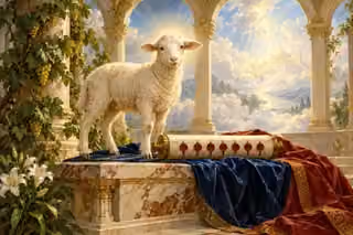 An ivory lamb stands beside a scroll with seven crimson seals in a luminous vine-framed loggia.
