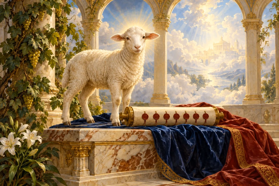 An ivory lamb stands beside a scroll with seven crimson seals in a luminous vine-framed loggia.
