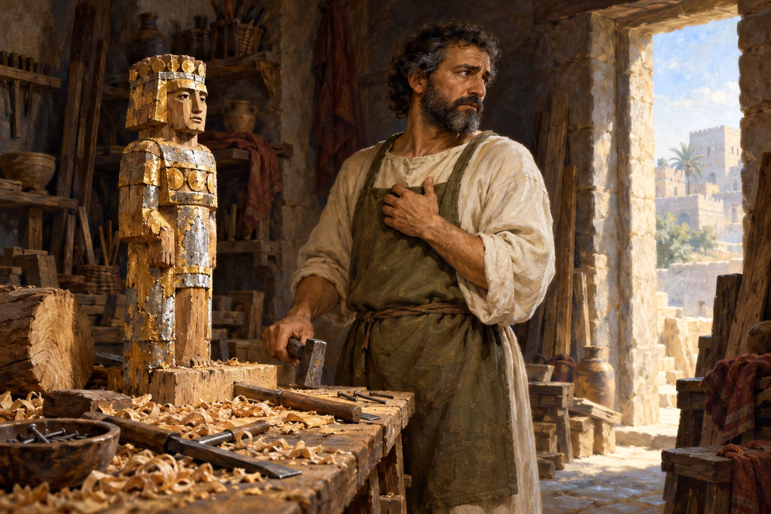 A woodworker pauses beside a wooden idol covered in gold and silver foil, lowering his hammer and holding his chest as he looks toward a bright doorway.