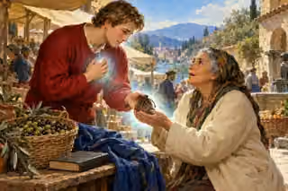 A young man in crimson returns a purse to an elderly woman at a market, with soft light glowing around their hands and his heart.