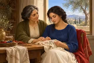 An older woman gently encourages a young embroiderer in a sunlit room.