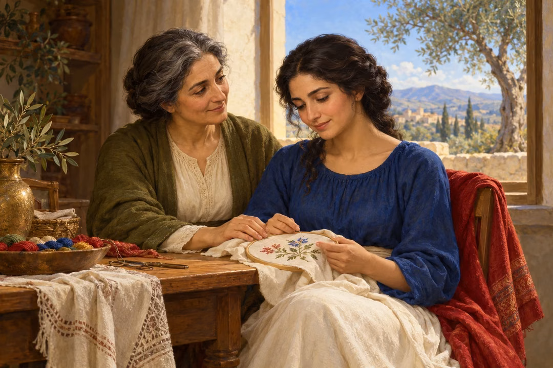 An older woman gently encourages a young embroiderer in a sunlit room.