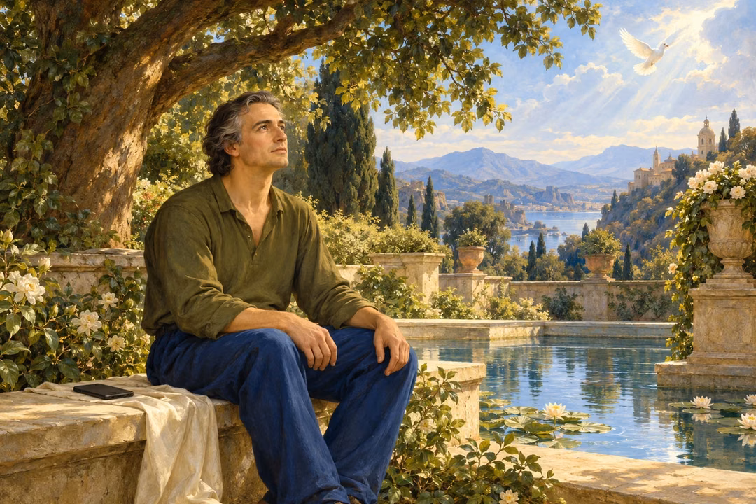 A man sits quietly in a garden with his phone set aside.