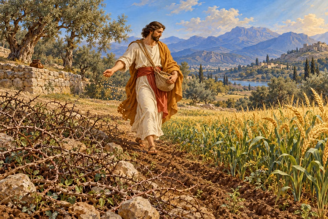 A patient sower casts seed toward fertile ground beside brambles that choke weaker shoots.