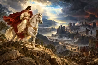 Christ in ivory and crimson rides a white horse above a vast valley of ruined battlements, chariots and armies beneath storm clouds opening into radiant light.