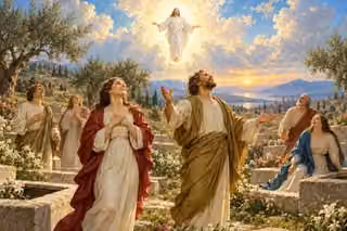 Living men and women rise beside open stone tombs and look toward Christ in a luminous dawn sky.