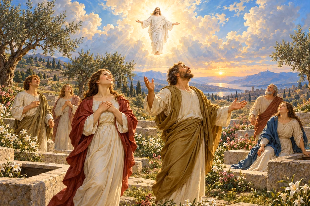 Living men and women rise beside open stone tombs and look toward Christ in a luminous dawn sky.