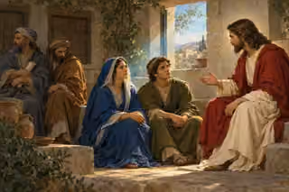 Oil painting of Jesus speaking with an open hand to two attentive listeners in an ancient stone courtyard, while two men turn away near closed shutters; pearl-blue light enters through an open window.