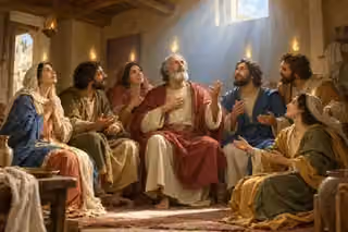Seven disciples receive the Comforter beneath small flames and gentle light in a Jerusalem upper room.