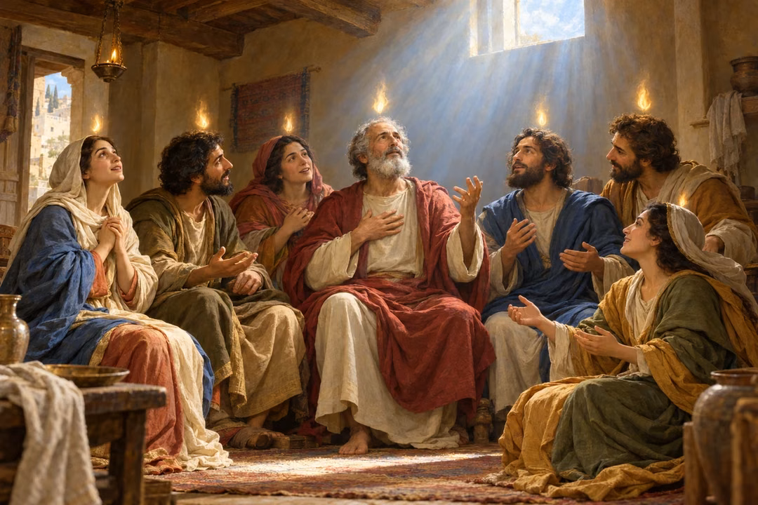 Seven disciples receive the Comforter beneath small flames and gentle light in a Jerusalem upper room.