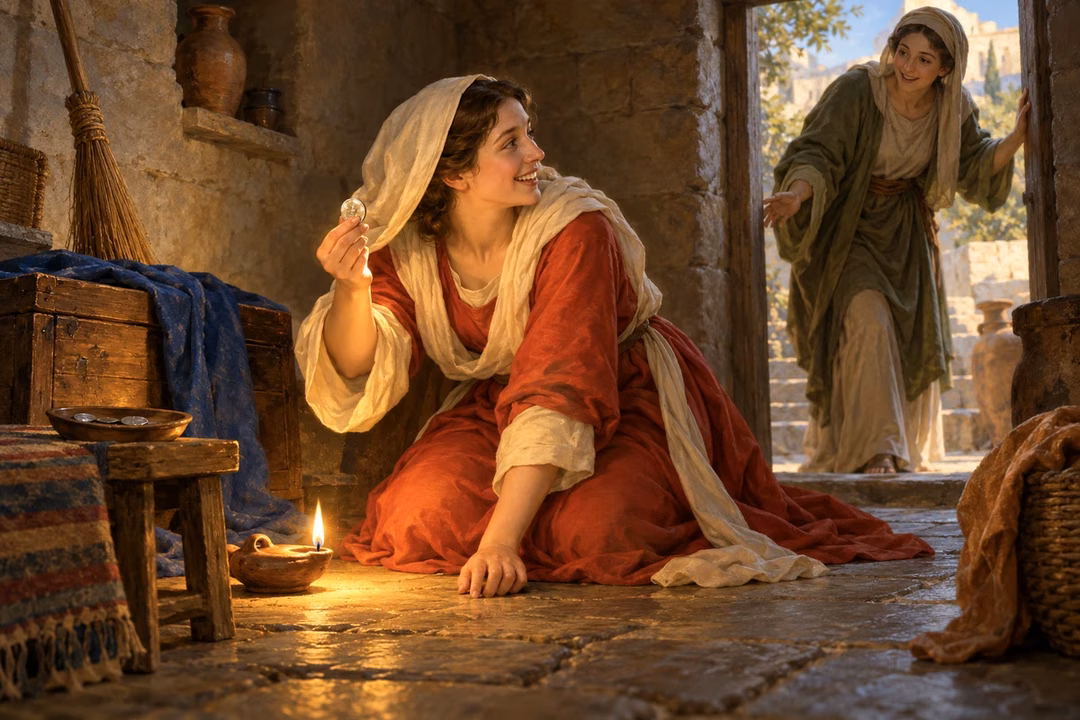 A woman joyfully discovers her lost silver coin by lamplight and calls to a neighbor.