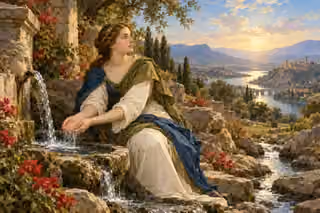 A woman washes her hands in a spring while looking toward a sunlit river.