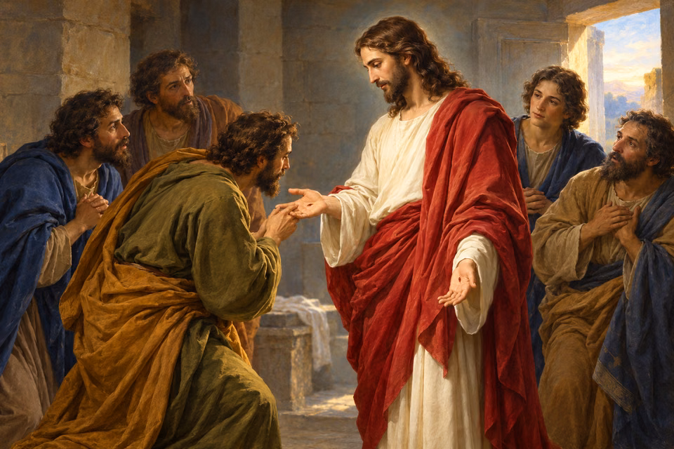 The fully clothed risen Jesus lets Thomas touch the healed wound in his hand as the disciples witness his bodily resurrection.