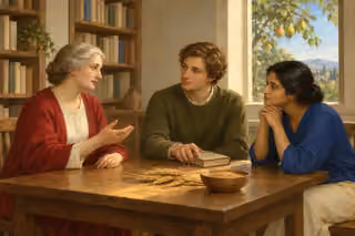 An older woman gives quiet counsel as two receptive adults listen around a table with a blank book and ripe wheat.