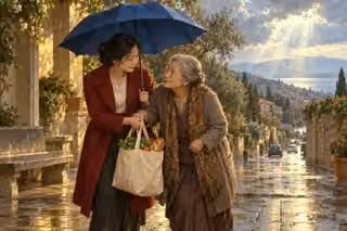 A woman shelters an elderly neighbor under an umbrella and carries her groceries.