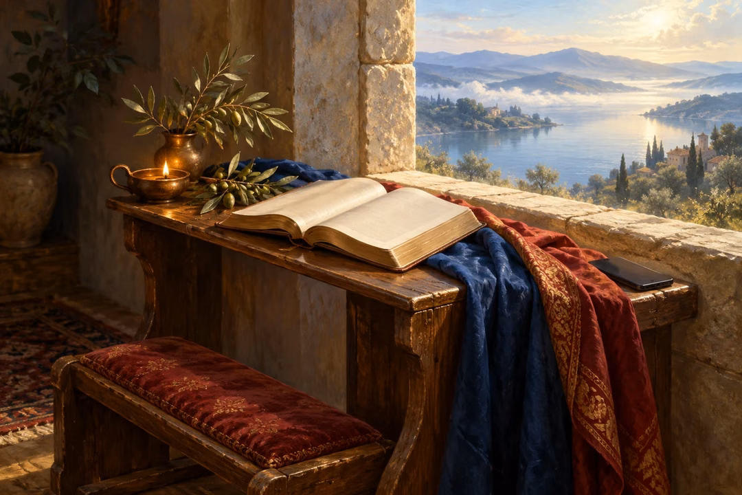 Morning light falls on a quiet prayer corner with an open Bible and a wooden kneeler.