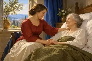 A woman prays beside an elderly patient, gently holding her hand in a sunlit room.