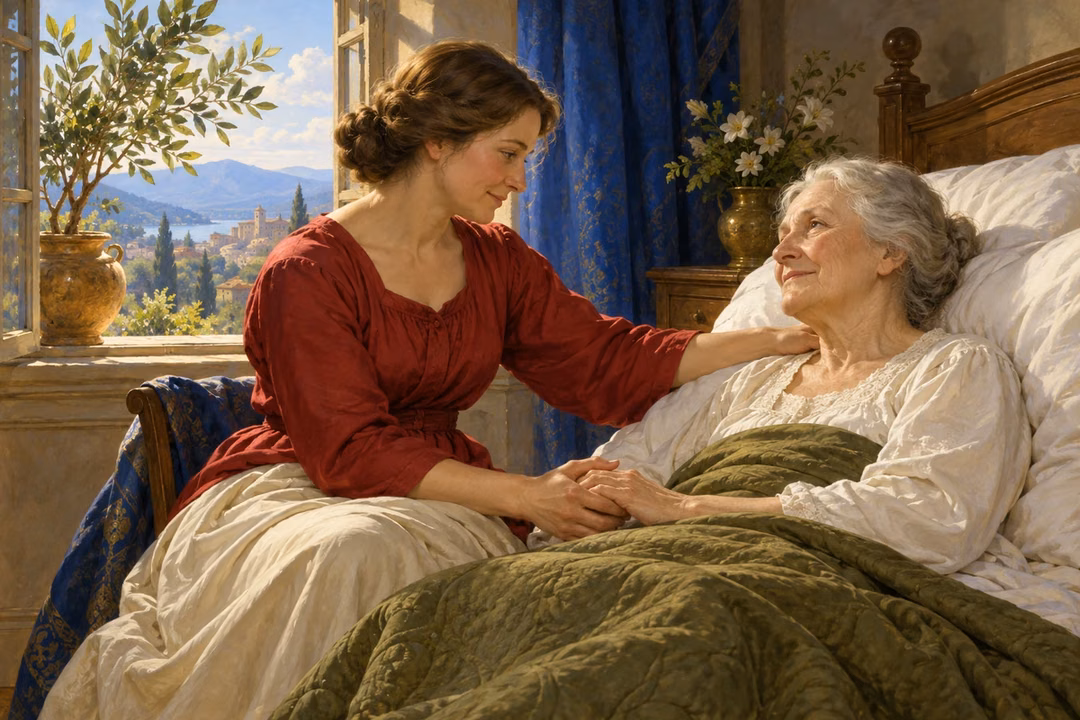A woman prays beside an elderly patient, gently holding her hand in a sunlit room.