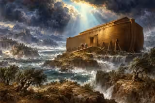 Noah’s ark shelters a small family above stormy floodwaters beneath a shaft of divine light.