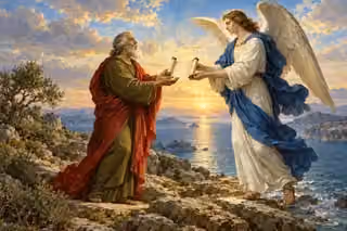 The aged apostle John receives a little scroll from an angel on the rocky shore of Patmos.