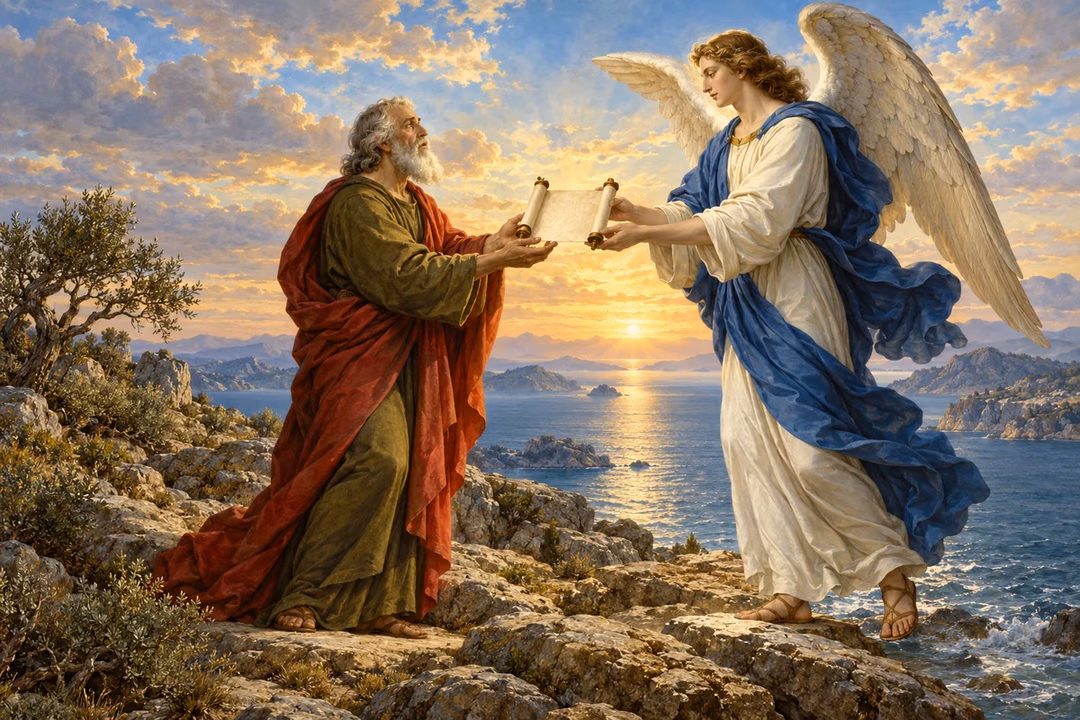The aged apostle John receives a little scroll from an angel on the rocky shore of Patmos.