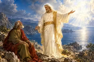 The glorified white-haired Christ stands before the seated apostle John on a rocky island shore, gesturing toward radiant light and distant temple pillars above the sea.