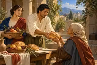 Latino man offering bread to an elderly woman in a sunlit courtyard.