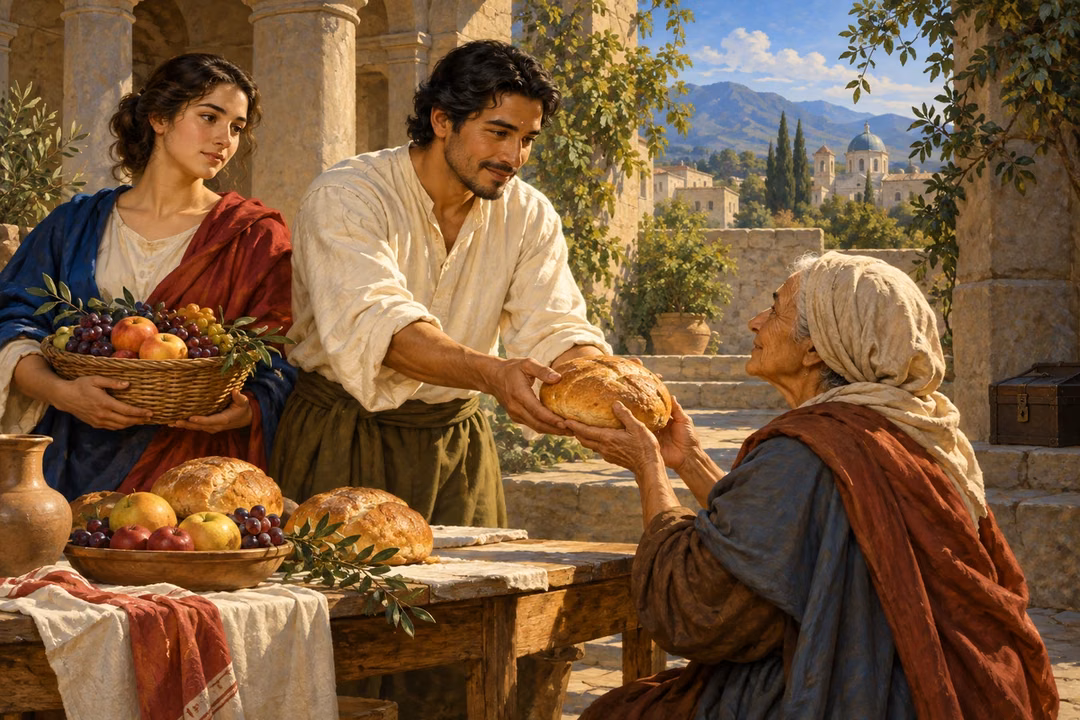 Latino man offering bread to an elderly woman in a sunlit courtyard.