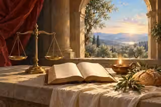 Balanced scales, scripture, an oil lamp and bread in the dawn light.