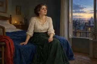 Raphael-inspired oil painting of a tearful woman sitting on a blue-covered bed, her hands resting separately as dawn brightens the rooftops outside.