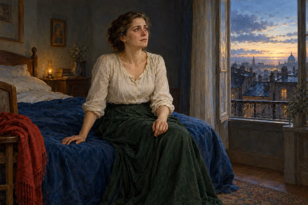 Raphael-inspired oil painting of a tearful woman sitting on a blue-covered bed, her hands resting separately as dawn brightens the rooftops outside.