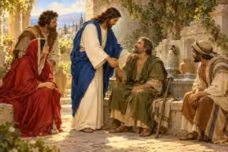Christ offers a reassuring hand to a seated man while companions gather in a sunlit courtyard.