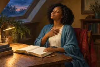 A woman pauses over an open Bible in a twilight attic study, one hand on the page and the other over her heart as she prays.