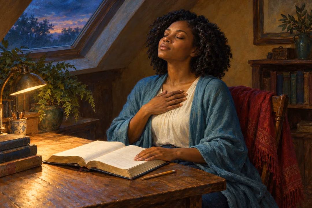 A woman pauses over an open Bible in a twilight attic study, one hand on the page and the other over her heart as she prays.