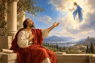 Paul looks toward the risen Christ in heavenly light from an ancient courtyard terrace.