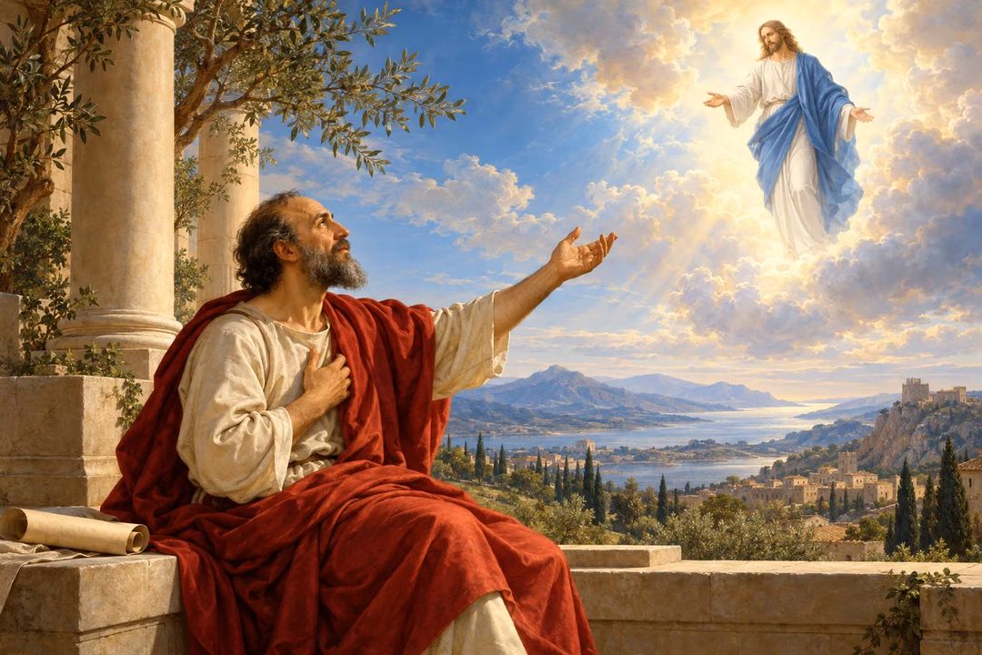 Paul looks toward the risen Christ in heavenly light from an ancient courtyard terrace.