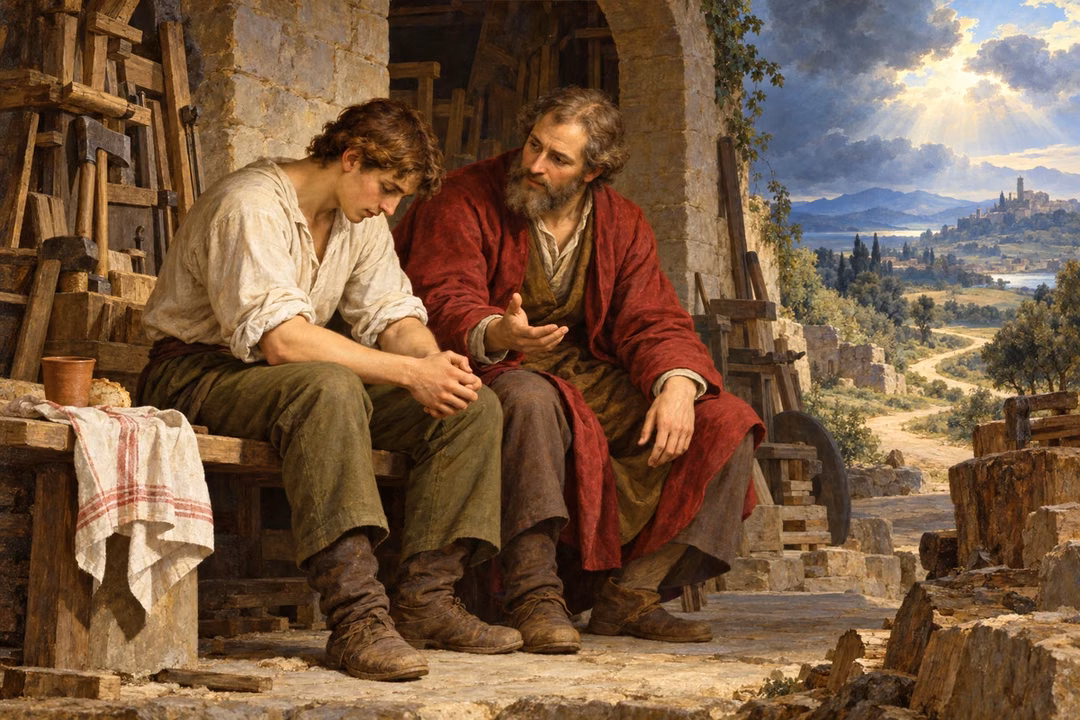 A young worker listens thoughtfully to an older coworker during a quiet break.
