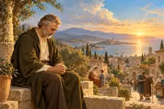A man prays above a peaceful town where neighbors care for one another.