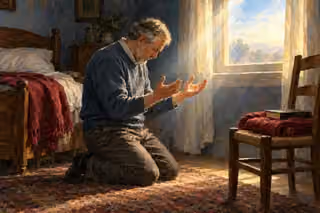 An older man kneels in dawn light with open hands, expressing honesty and humility before God.