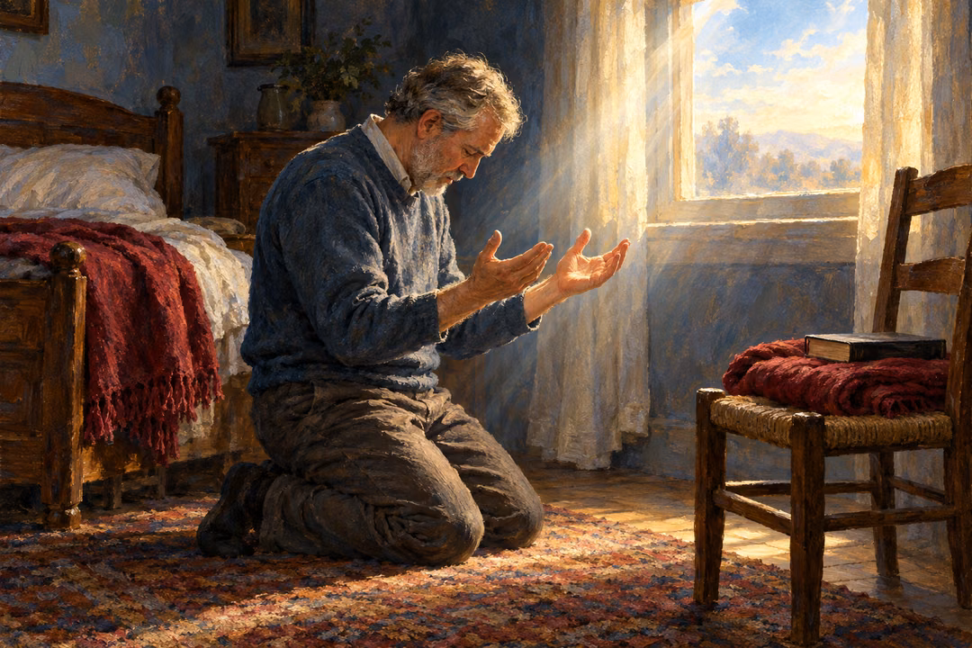 An older man kneels in dawn light with open hands, expressing honesty and humility before God.