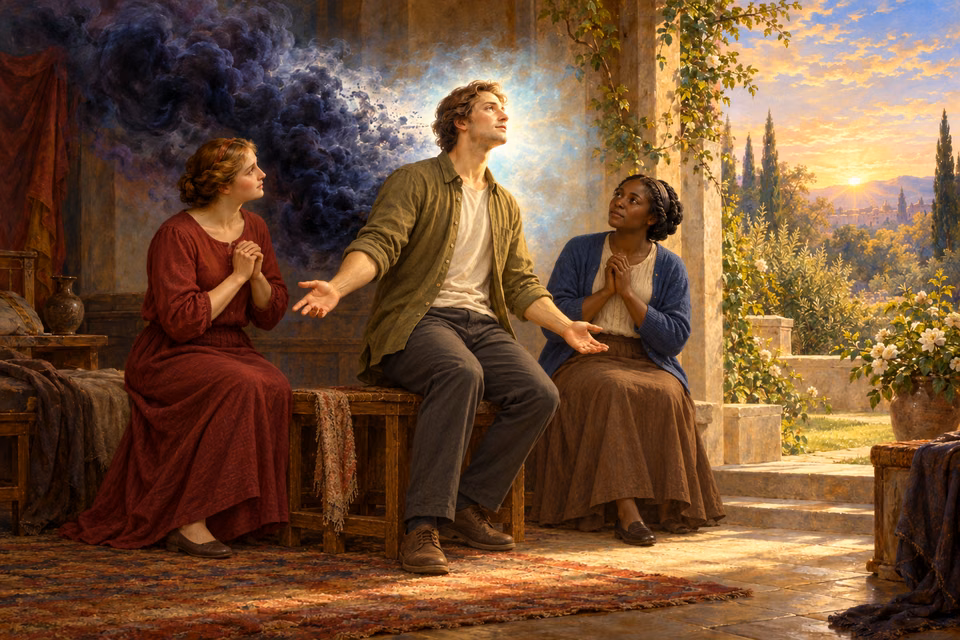 A man opens his hands toward dawn light as a dark cloud dissipates, with two companions quietly praying beside him.