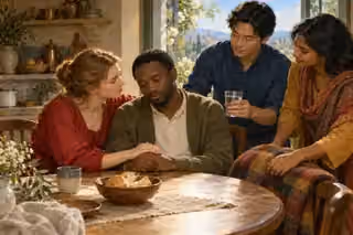 Four friends offer water, a blanket and tender companionship to a grieving man.