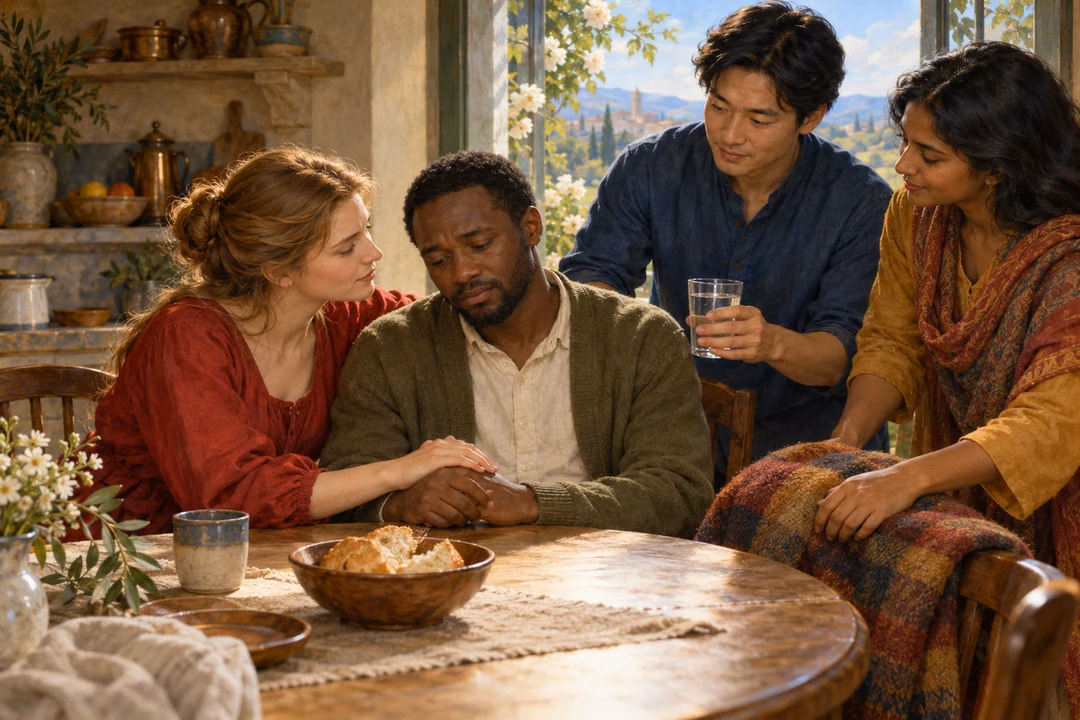 Four friends offer water, a blanket and tender companionship to a grieving man.