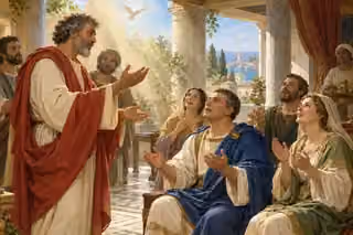 Peter speaks to Cornelius’s household as the gathered listeners turn toward heavenly light in joyful praise.