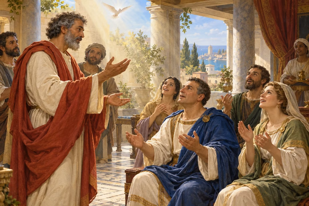 Peter speaks to Cornelius’s household as the gathered listeners turn toward heavenly light in joyful praise.