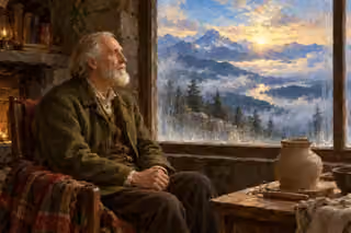 An elderly European man sits quietly before a misted window, trusting the light beyond the mountain clouds.