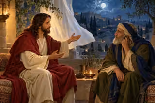 Jesus speaks with open hands to Nicodemus on a moonlit rooftop as an ivory curtain billows in the breeze and lamps illuminate their faces.