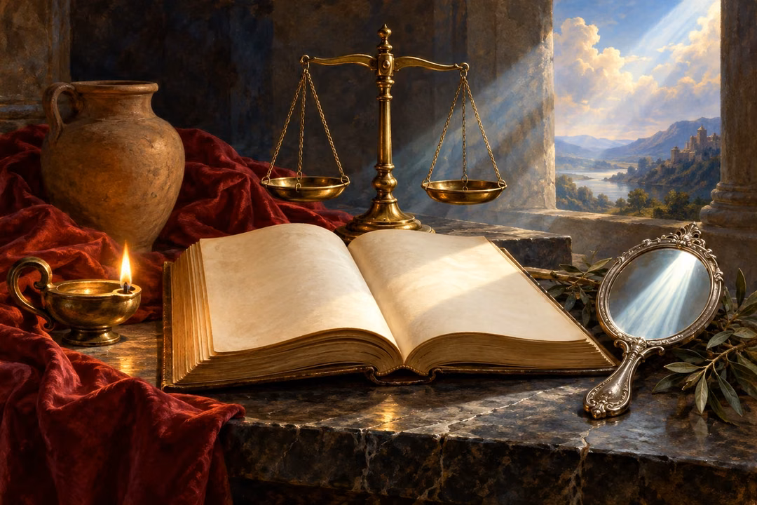 A blank open book, balanced scales, lamp and mirror symbolize truth and self-examination.