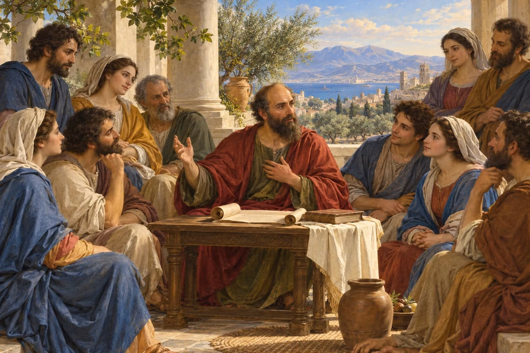 Paul teaches a gathered community to remain steadfast in the Gospel.