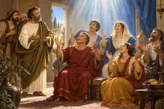 Peter and his companions watch Cornelius's household lift their hands and speak praise under blue-white light in a Roman home.
